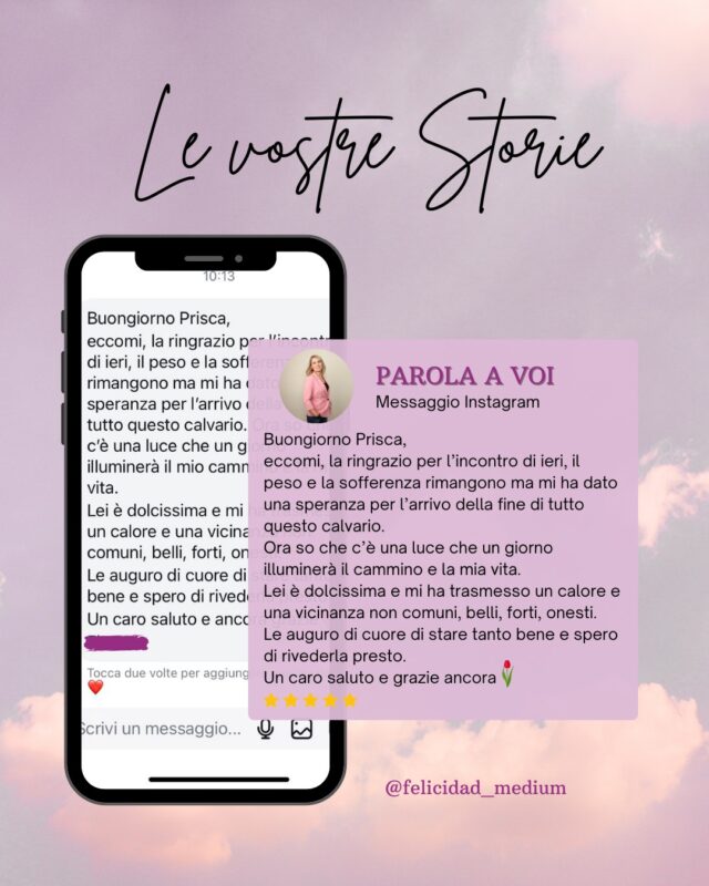 Condivido con voi le esperienze che vivete, le emozioni che mi raccontate perché credo che facciano bene al cuore di chi le scrive, di chi le legge e pure al mio.
Grazie perché vi fidate di me.
Grazie perché scegliete di donarmi una parte così pura di voi. 🩷
__
#medium #sensitiva #lugano #italia #anime #vita #cielo
Medium Lugano
Medium Italia
Sensitiva Lugano
Sensitiva Italia