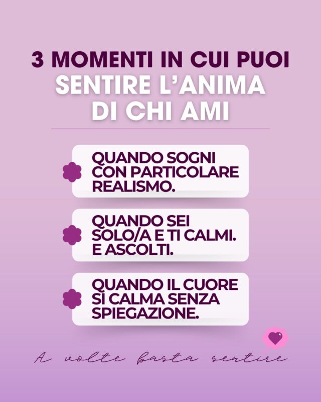 Ci sono momenti in cui siamo più disposti a sentire,
attimi sospesi che ci portano dentro tanto Amore. 💗
Ma siamo davvero capaci di fermarci e ascoltare?
Se lo facessimo davvero, il mondo come lo viviamo potrebbe cambiare e capiremmo che l'Amore non ha una fine.
🤍 E a te è mai capitato di sentire vicino l'Anima di chi ami?
Raccontamelo, se ti va.
🌺Ti leggo, ti ascolto, ti rispondo. 🌺
____
#medianità #contattospirituale #sensibilità #spiritualità #medium #anime
Sensitiva Lugano
Medium Lugano
Sensitiva Italia
Medium Italia