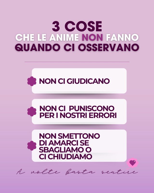 Se pensi che ti giudichino, che  si arrabbino, che si allontanino o vadano via, leggi qui.

Ci sono 3 cose che le Anime dei nostri cari NON fanno mai:

🩷 NON ci giudicano
🩷 NON ci puniscono per i nostri errori
🩷 NON smettono di amarci se sbagliamo o se, per sofferenza, ci chiudiamo a loro e al mondo intero.

💖 Salva il post per  tenerlo sempre con te. 🥰

__
#medium #sensitiva #medianità #anime #cielo
Sensitiva Lugano
Medium Lugano
Sensitiva Italia
Medium Italia