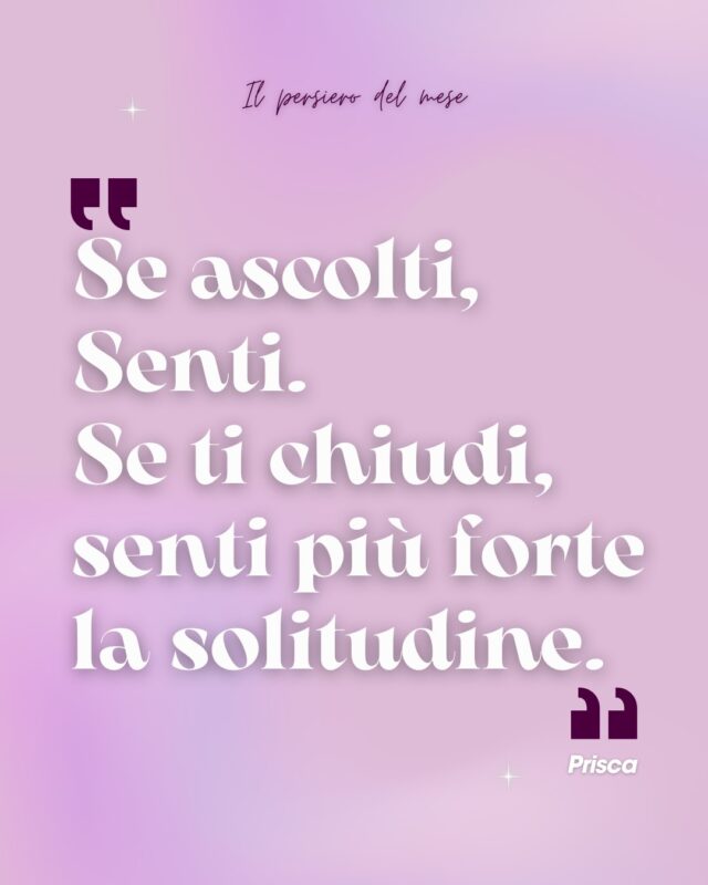 Più ti chiudi in te e più sentirai forte il peso della solitudine.

Al contrario, se ti apri, se ti poni in ascolto, imparerai a Sentire, a percepire anche quello che non è visibile agli occhi.

💭 E tu che rapporto hai con la solitudine? E con il tuo Sentire?
Scrivimi nei commenti, se ti va.
Ti leggo, ti ascolto, ti rispondo. 🩷

__
#medium #sensitiva #medianità #anime #cielo
Sensitiva Lugano
Medium Lugano
Sensitiva Italia
Medium Italia