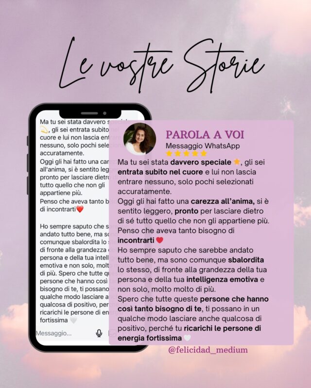 Questa è la storia di uomo che aveva molti dubbi e poca serenità, la sua storia e quella di sua moglie, che lo ha portato fino a me. 🩷

Quello che più emoziona degli incontri con voi è proprio questo: ricaricarvi di energia, donarvi un foglietto pieno zeppo di serenità, incoraggiarvi ad ascoltare e a lasciare andare i pesi che vi trascinano giù. 🥰

💖 Desideri vivere la tua esperienza medianica con me?
🌺 Contattami. 🌺

Prenota il tuo consulto.

___
#consulto #spirituale #anime #sensitiva #medium #medianità

Medium Lugano
Medium Italia
Sensitiva Lugano
Sensitiva Italia
Crescita spirituale
Regressione spirituale