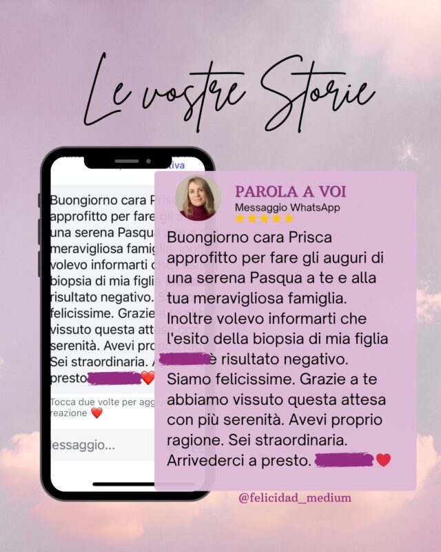 Sentire è un grande atto di responsabilità.
Dare risposte, portare conforto, percepire quello che a uno sguardo meno profondo non si riesce a cogliere, tutto questo è per me una grande responsabilità.

E quando accadono Storie come questa, non posso che essere felicissima. 🩷
__
#medium #sensitiva #medianità #anime #cielo
Sensitiva Lugano
Medium Lugano
Sensitiva Italia
Medium Italia