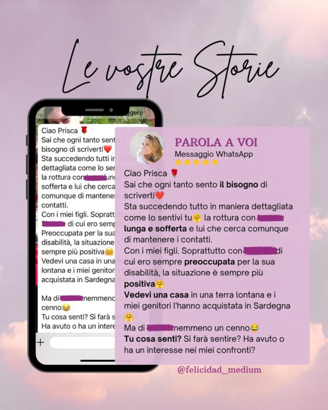 Sentire è un grande atto di responsabilità.
Le vostre Storie sono per me una grande responsabilità.

E sono felicissima di potervi accompagnare, dare risposte, sostenere. 🩷

__
#medium #sensitiva #medianità #anime #cielo
Sensitiva Lugano
Medium Lugano
Sensitiva Italia
Medium Italia