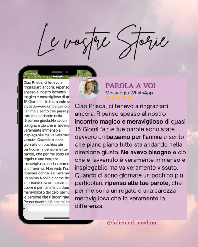 Ci sono parole, le vostre, che si incidono dentro di me. E lì restano. Grata. 🩷

__
#medium #sensitiva #lugano #italia #anime #vita #cielo

Medium Lugano
Medium Italia
Sensitiva Lugano
Sensitiva Italia